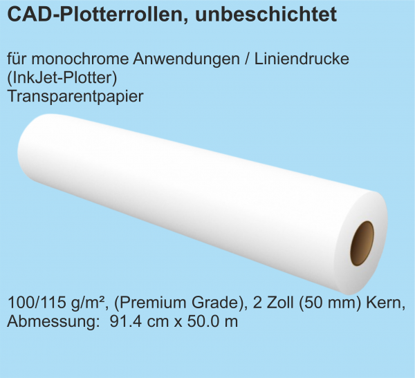 CAD Plotterrollen, unbeschichtet, Transparentpapier, 90/95 g/m², 2 Zoll (50 mm) Kern, 91.4 cm x 50.0