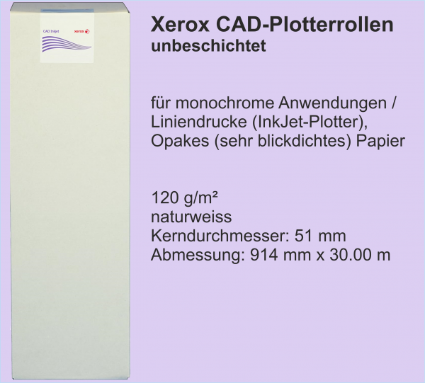 Xerox CAD Plotterrollen, unbeschichtet, opak, 120 g/m², 2 Zoll (50 mm) Kern, 914 mm x 30.00 m