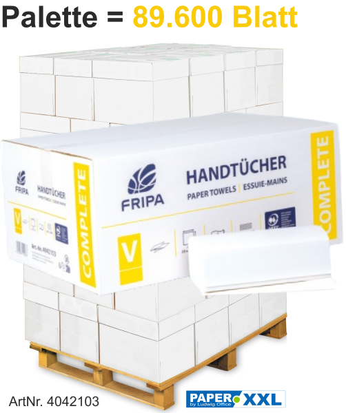 Fripa-Papierhandtücher "COMPLETE" 2-lagig, V-Falz, ca. 25 x 23 cm - Palette = 89.600 Blatt