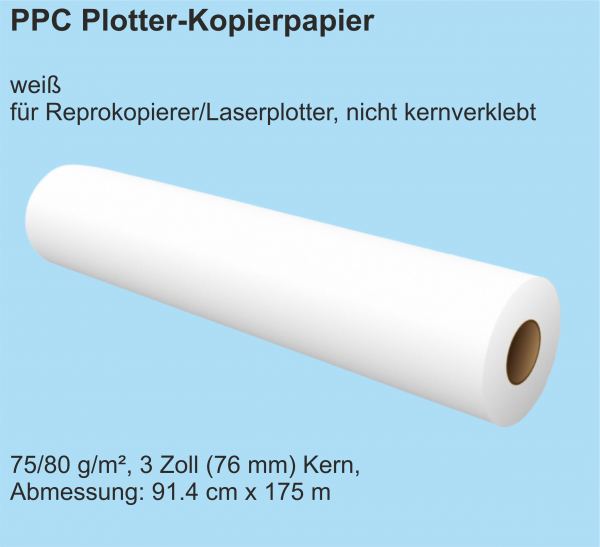 PPC Plotter-Kopierpapier weiß, 75/80 g/m², 3 Zoll (76 mm) Kern, 91.4 cm x 175 m