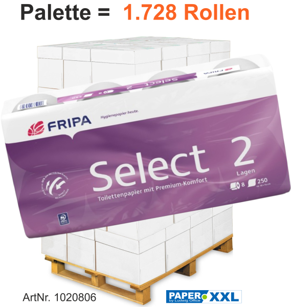 Fripa-Toilettenpapier "SELECT" 8x250 Blatt, 2-lagig, hochweiß, ca. 10x14cm - Palette = 1.728 Rollen