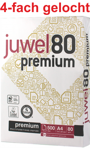Juwel 80 PREMIUM Kopierpapier, 4-fach GELOCHT, 80 g/m², DIN A4