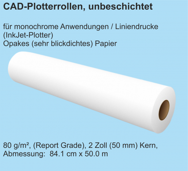 CAD Plotterrollen, unbeschichtet, opak, 80 g/m², 2 Zoll (50 mm) Kern, 84.1 cm x 50.0 m