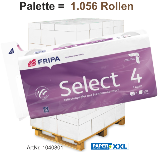 Fripa-Toilettenpapier "SELECT" 8x160 Blatt, 4-lagig, ca. 10 x 14 cm - Palette = 1.056 Rollen