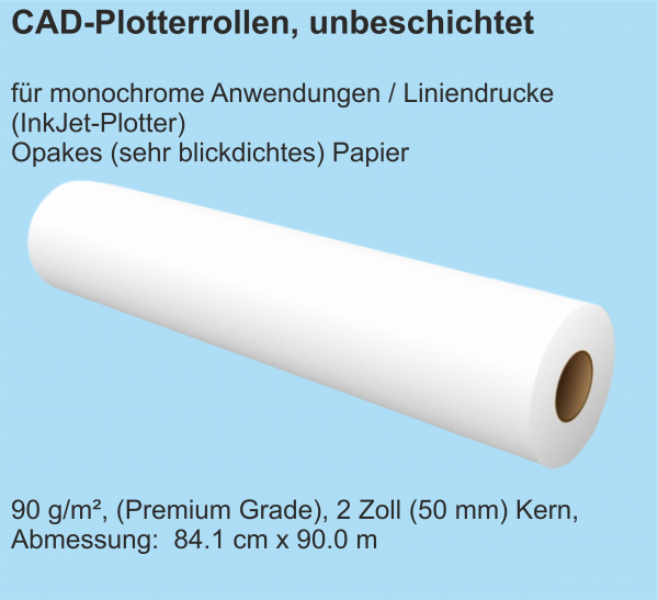 CAD Plotterrollen, unbeschichtet, opak, 90 g/m², 2 Zoll (50 mm) Kern, 84.1 cm x 90.0 m