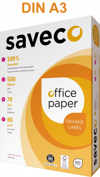 Saveco ORANGE Label Recyclingpapier / Kopierpapier, 80 g/m², DIN A3