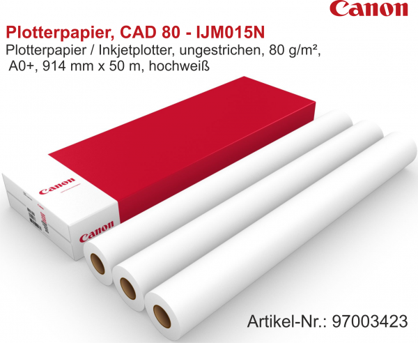 Canon Plotterpapier, CAD 80 - IJM015N, 80 g/m², 2 Zoll (50,8 mm) Kern, 914 mm x 50 m (A0+)