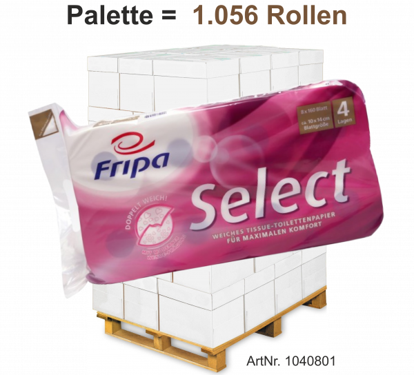 Fripa-Toilettenpapier "SELECT" 8x160 Blatt, 4-lagig, ca. 10 x 14 cm - Palette = 1.056 Rollen