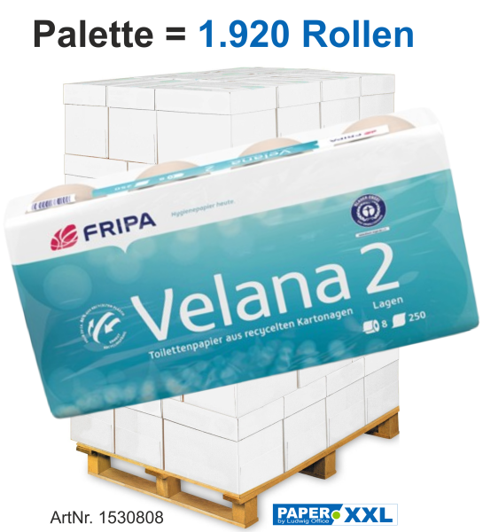 Fripa-Toilettenpapier "VELANA" 8x250 Blatt, 2-lagig, braun, ca. 9,4x11cm - Palette = 1.920 Rollen