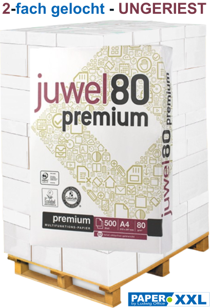 Juwel 80 PREMIUM Kopierpapier, 2-fach GELOCHT, UNGERIEST, 80 g/m², DIN A4 - Palette = 100.000 Blatt