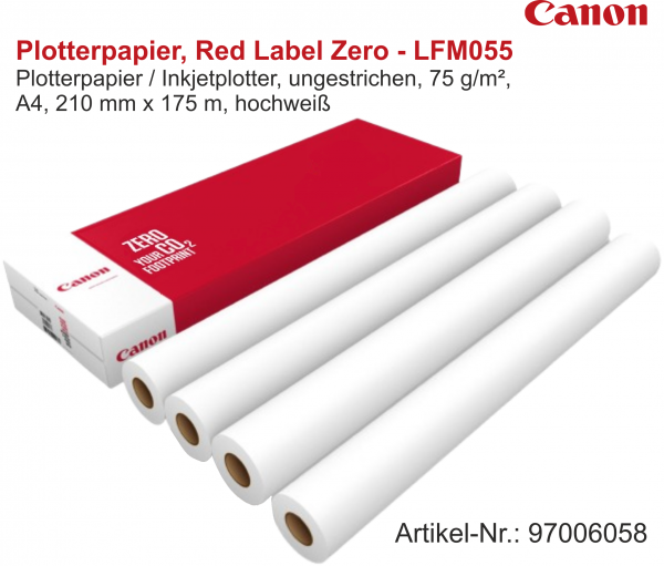 Canon Plotterpapier, Red Label Zero - LFM055, 75 g/m², 2 Zoll (51 mm) Kern, 210 mm x 175m (A4)