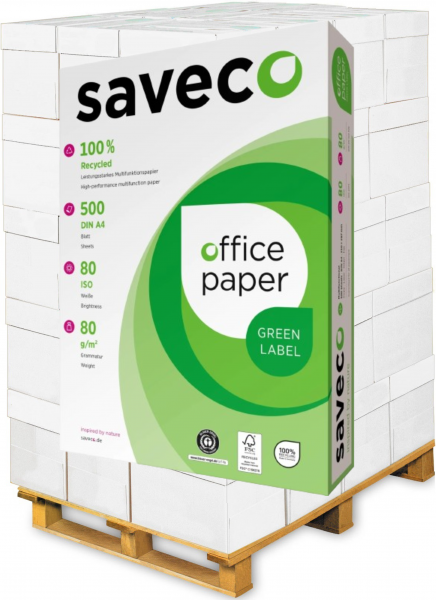 Saveco GREEN Label Recyclingpapier / Kopierpapier, 80 g/m², DIN A4 - Palette = 100.000 Blatt