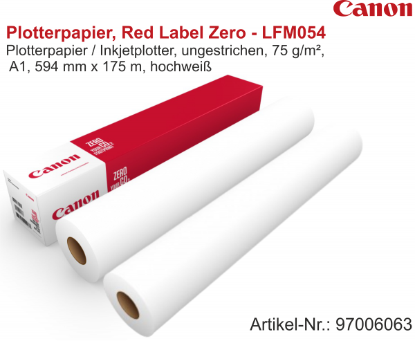 Canon Plotterpapier, Red Label Zero - LFM054, 75 g/m², 2 Zoll (51 mm) Kern, 594 mm x 175m (A1)