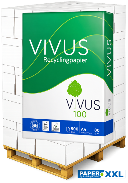 VIVUS 100 Recyclingpapier, 80 g/m², DIN A4, CO₂-neutral - Palette = 100.000 Blatt