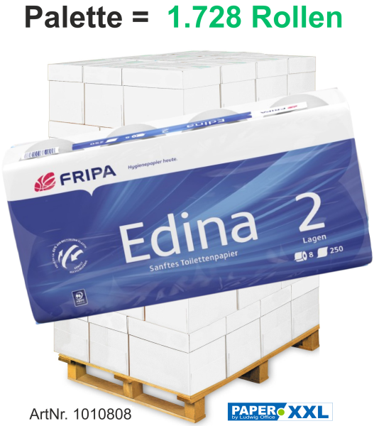 Fripa-Toilettenpapier "EDINA" 8x250 Blatt, 2-lagig, hochweiß, ca. 94x110mm - Palette = 1.728 Rollen