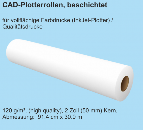 CAD Plotterrollen, beschichtet, opak, 120 g/m², 2 Zoll (50 mm) Kern, 91.4 cm x 30.0 m