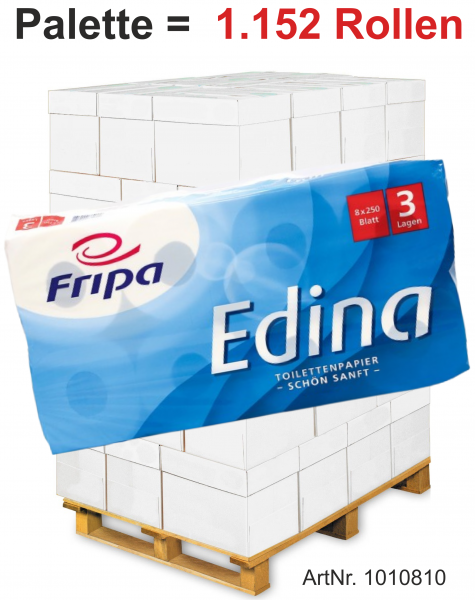 Fripa-Toilettenpapier "EDINA" 8x250 Blatt, 3-lagig, hochweiß, ca. 94x110mm - Palette = 1.152 Rollen