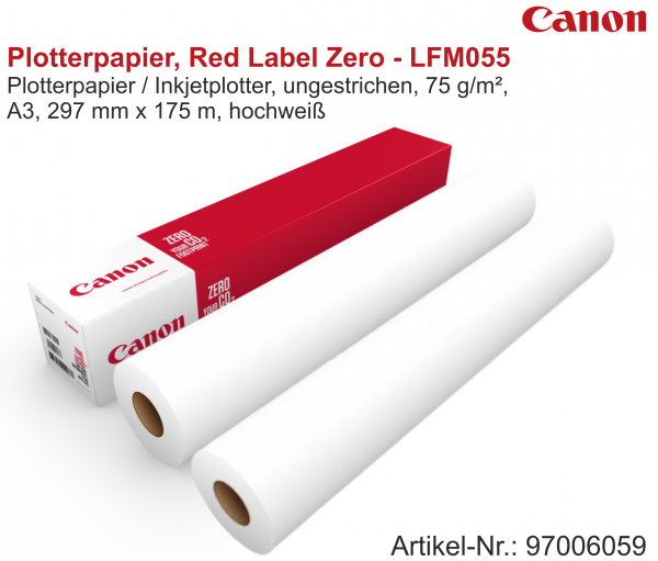 Canon Plotterpapier, Red Label Zero - LFM055, 75 g/m², 2 Zoll (51 mm) Kern, 297 mm x 175m (A3)