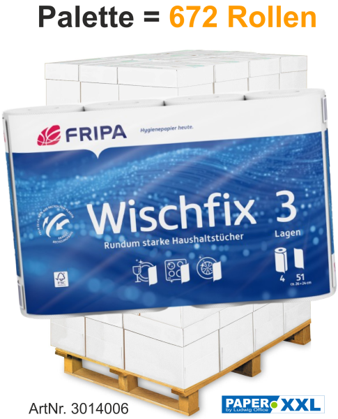 Fripa-Küchenrollen "WISCHFIX" 3-lagig, 4 x 51 Blatt, ca. 26 x 24 cm - Palette = 672 Rollen