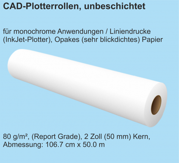 CAD Plotterrollen, unbeschichtet, opak, 80 g/m², 2 Zoll (50 mm) Kern, 106.7 cm x 50.0 m