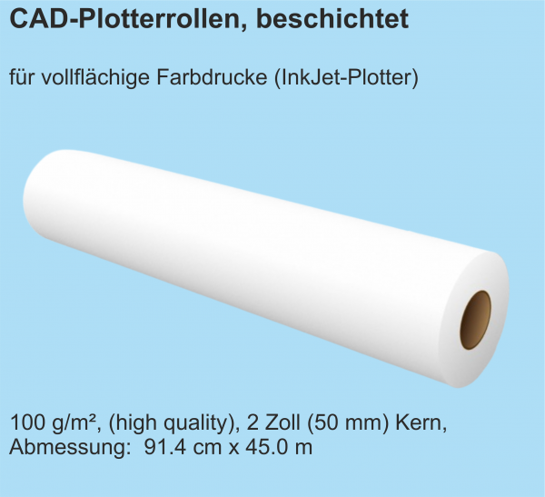 CAD Plotterrollen, beschichtet, opak, 100 g/m², 2 Zoll (50 mm) Kern, 91.4 cm x 45.0 m