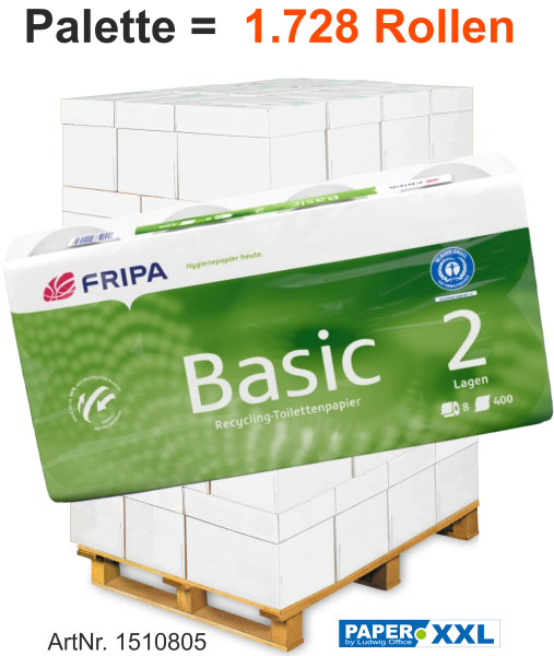 Fripa-Toilettenpapier "BASIC" 8x250 Blatt, 2-lagig, recycelt, 10x12 cm - Palette = 1.728 Rollen