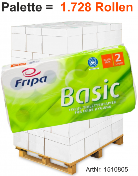 Fripa-Toilettenpapier "BASIC" 8x250 Blatt, 2-lagig, recycelt, 10x12 cm - Palette = 1.728 Rollen