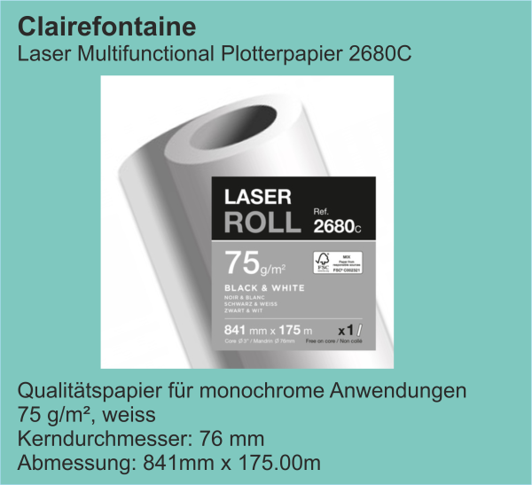 Clairefontaine Laser Multifunctional Plotterpapier, ungestrichen 75 g/m², 76 mm Kern, 841 mm x 175.0