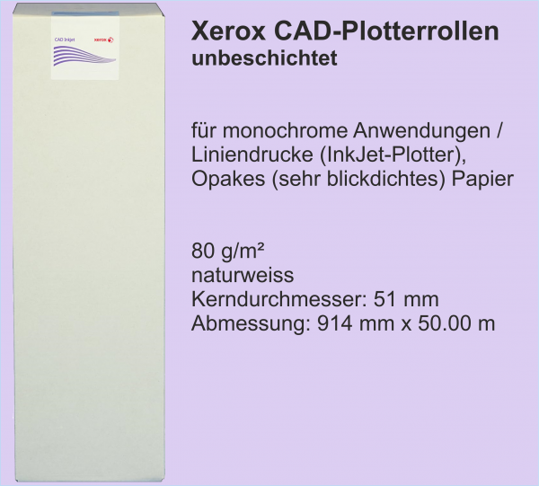 Xerox CAD Plotterrollen, unbeschichtet, opak, 80 g/m², 2 Zoll (50 mm) Kern, 914 mm x 50.00 m