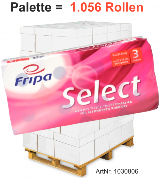 Fripa-Toilettenpapier "SELECT" 8x250 Blatt, 3-lagig, hochweiß, ca. 10x14cm - Palette = 1.056 Rollen