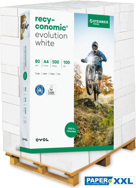 Recyconomic EVOLUTION White Recyclingpapier, 80 g/m², DIN A4 - Palette = 100.000 Blatt
