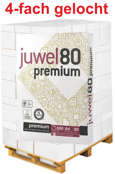 Juwel 80 PREMIUM Kopierpapier, 4-fach GELOCHT, 80 g/m², DIN A4 - Palette = 100.000 Blatt
