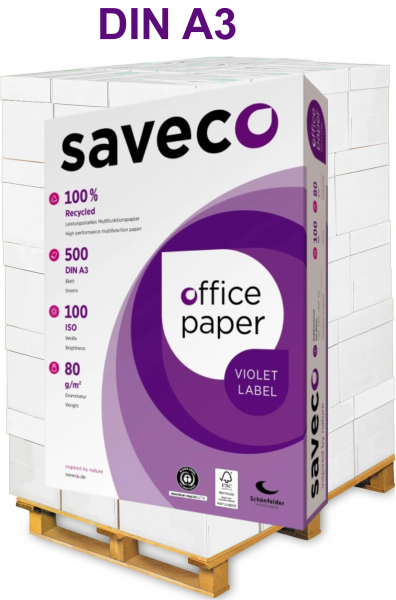 Saveco VIOLET Label Recyclingpapier / Kopierpapier, 80 g/m², DIN A3 - Palette = 50.000 Blatt