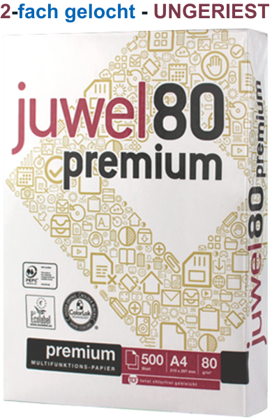 Juwel 80 PREMIUM Kopierpapier, 2-fach GELOCHT, UNGERIEST, 80 g/m², DIN A4