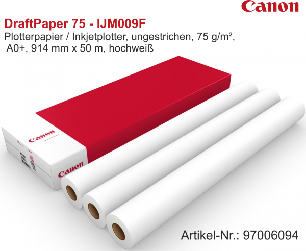 Canon Plotterpapier, DraftPaper 75 - IJM009F, 75 g/m², 2 Zoll (50,8 mm) Kern, 914 mm x 50 m (A0+)