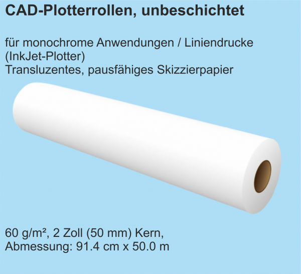 CAD Plotterrollen, unbeschichtet, transluzent, 60 g/m², 2 Zoll (50 mm) Kern, 91.4 cm x 50.0 m-Copy