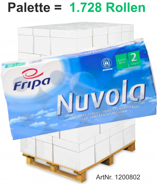 Fripa-Toilettenpapier "NUVOLA" 8x250 Blatt, 2-lagig, recycelt, hochweiß, 10x12 cm - Palette = 1.728