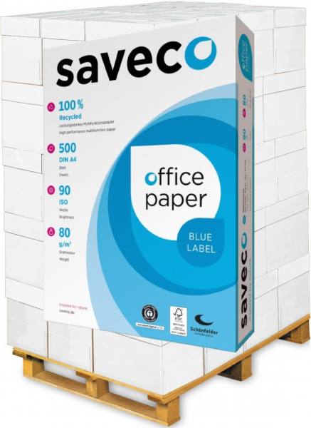 Saveco BLUE Label Recyclingpapier / Kopierpapier, 80 g/m², DIN A4 - Palette = 100.000 Blatt