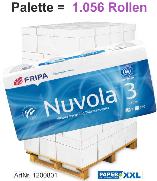Fripa-Toilettenpapier "NUVOLA" 8x250 Blatt, 3-lagig, recycelt, hochweiß, 10x12 cm - Palette = 1.056