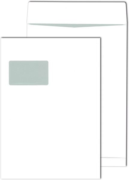Fenster-Faltentaschen, weiß 120 g, DIN C 4 (229 x 324 mm) mit 20 mm Falte haftklebend