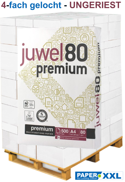 Juwel 80 PREMIUM Kopierpapier, 4-fach GELOCHT, UNGERIEST, 80 g/m², DIN A4