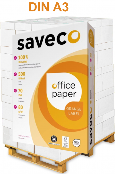 Saveco ORANGE Label Recyclingpapier / Kopierpapier, 80 g/m², DIN A3 - Palette = 50.000 Blatt