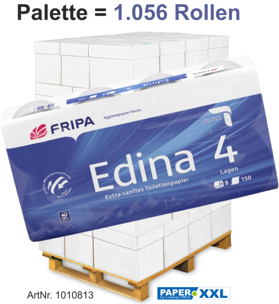Fripa-Toilettenpapier "EDINA" 8x150 Blatt, 4-lagig, hochweiß, ca. 94x125mm - Palette = 1.056 Rollen