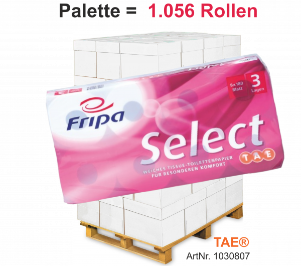 Fripa-Toilettenpapier "SELECT TAE®" 8x180 Blatt, 3-lagig, ca. 10 x 13 cm - Palette = 1.056 Rollen