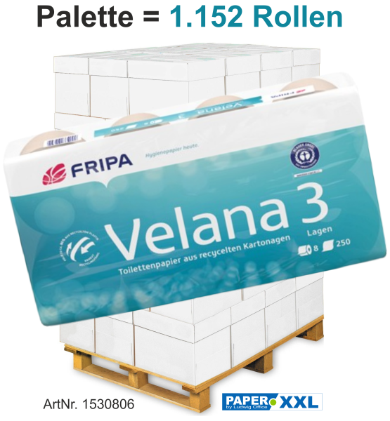 Fripa-Toilettenpapier "VELANA" 8x250 Blatt, 3-lagig, braun, ca. 9,4x11cm - Palette = 1.152 Rollen