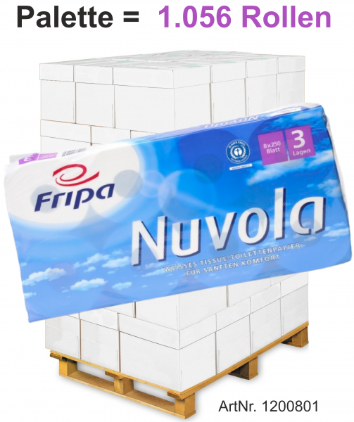 Fripa-Toilettenpapier "NUVOLA" 8x250 Blatt, 3-lagig, recycelt, hochweiß, 10x12 cm - Palette = 1.056