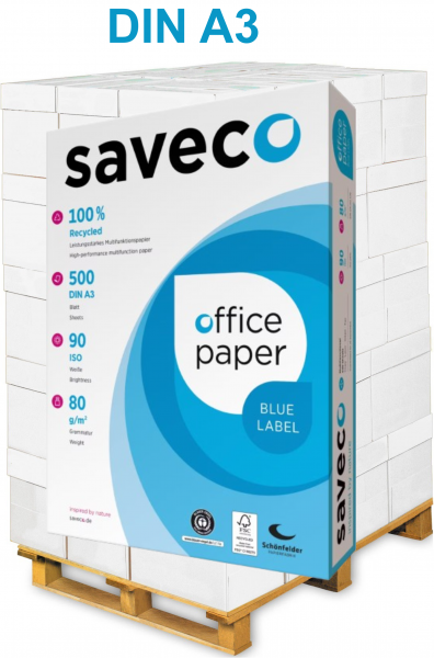 Saveco BLUE Label Recyclingpapier / Kopierpapier, 80 g/m², DIN A3 - Palette = 50.000 Blatt