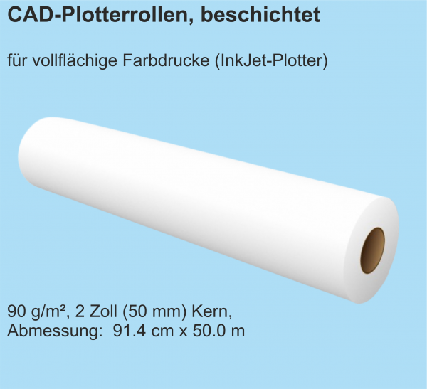 CAD Plotterrollen, beschichtet, opak, 90 g/m², 2 Zoll (50 mm) Kern, 91.4 cm x 50.0 m