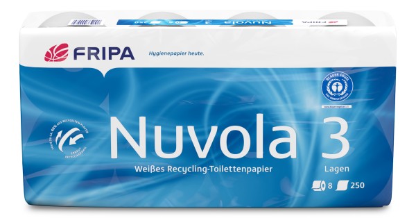 Fripa-Toilettenpapier "NUVOLA" 8x250 Blatt, 3-lagig, recycelt, hochweiß, 10x12 cm