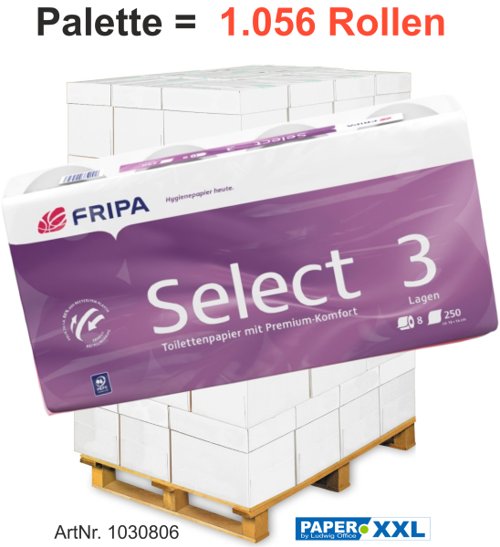 Fripa-Toilettenpapier "SELECT" 8x250 Blatt, 3-lagig, hochweiß, ca. 10x14cm - Palette = 1.056 Rollen